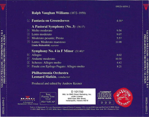 Ralph Vaughan Williams – Linda Hohenfeld, Philharmonia Orchestra, Leonard Slatkin : Symphonies Nos. 3 & 4 • Fantasia On Greensleeves (CD, Club)