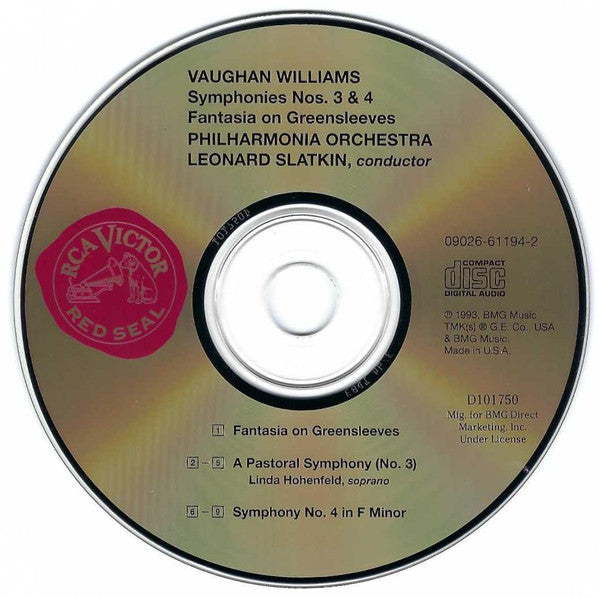 Ralph Vaughan Williams – Linda Hohenfeld, Philharmonia Orchestra, Leonard Slatkin : Symphonies Nos. 3 & 4 • Fantasia On Greensleeves (CD, Club)