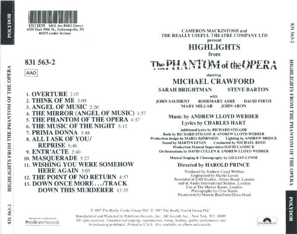 Andrew Lloyd Webber, Michael Crawford, Sarah Brightman, Steve Barton : Highlights From The Phantom Of The Opera (The Original Cast Recording) (CD, Album, Club)