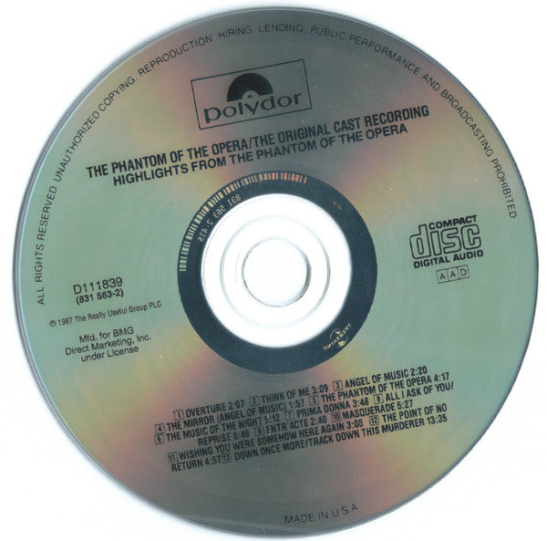 Andrew Lloyd Webber, Michael Crawford, Sarah Brightman, Steve Barton : Highlights From The Phantom Of The Opera (The Original Cast Recording) (CD, Album, Club)