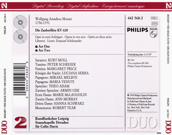 Mozart* - Margaret Price, Luciana Serra, Peter Schreier, Kurt Moll, Mikael Melbye, Theo Adam, Rundfunkchor Leipzig, Staatskapelle Dresden, Sir Colin Davis : The Magic Flute (2xCD, Album, RE)