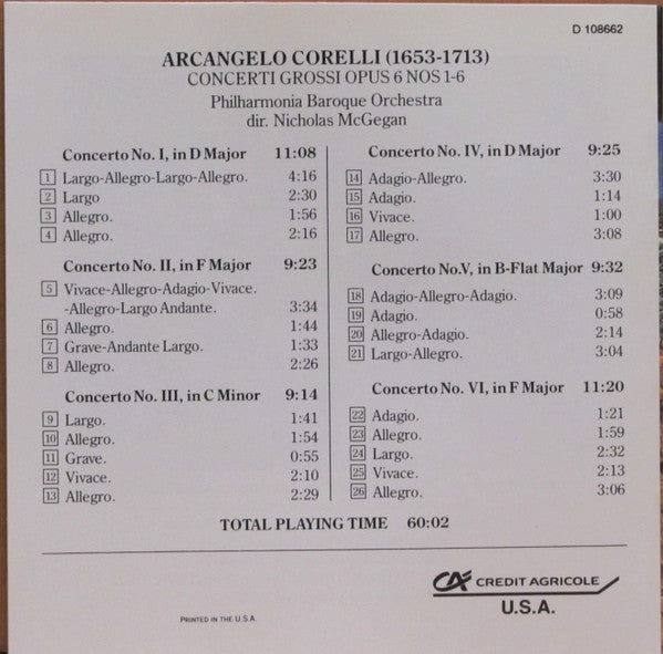 Arcangelo Corelli - Philharmonia Baroque Orchestra, Nicholas McGegan : Concerti Grossi Op.6 1-6 (CD, Album, Club)