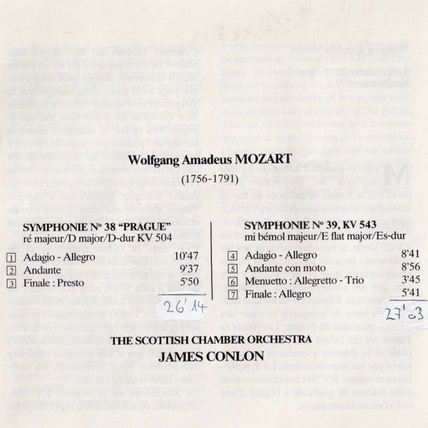 Mozart*, The Scottish Chamber Orchestra*, James Conlon : Symphonie N˚ 38 "Prague" KV504 / Symphonie N˚ 39 KV543 (CD, Album)