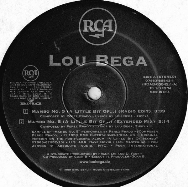 Lou Bega : Mambo No. 5 (A Little Bit Of...) (12", Bla)