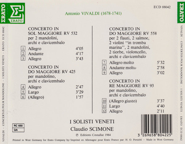 Vivaldi* - I Solisti Veneti, Claudio Scimone : Concerti Per Mandolini, RV 93, 425, 532 & 558 (CD, Album, RE)