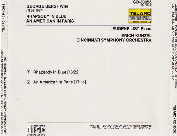 George Gershwin, Eugene List, Erich Kunzel, Cincinnati Symphony Orchestra : Rhapsody In Blue • An American In Paris (CD, Album, RE, CBS)