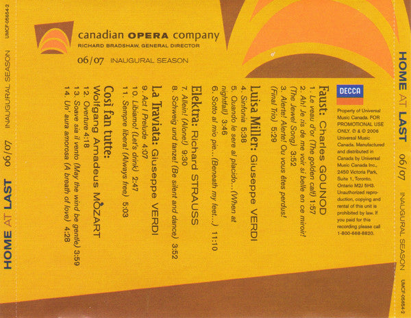 Canadian Opera Company Orchestra, Richard Bradshaw : Home at Last - 06/07 Inaugural Season (CD)