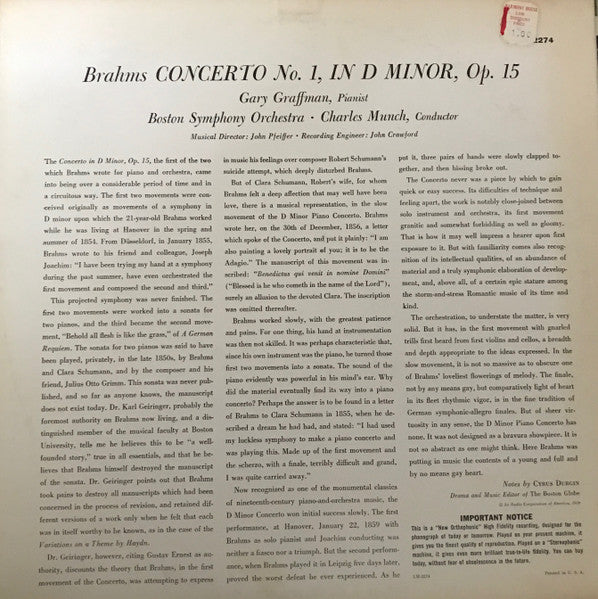 Brahms* - Gary Graffman, Boston Symphony Orchestra, Charles Munch : Concerto No. 1, In D Minor, Op. 15 (LP, Mono)
