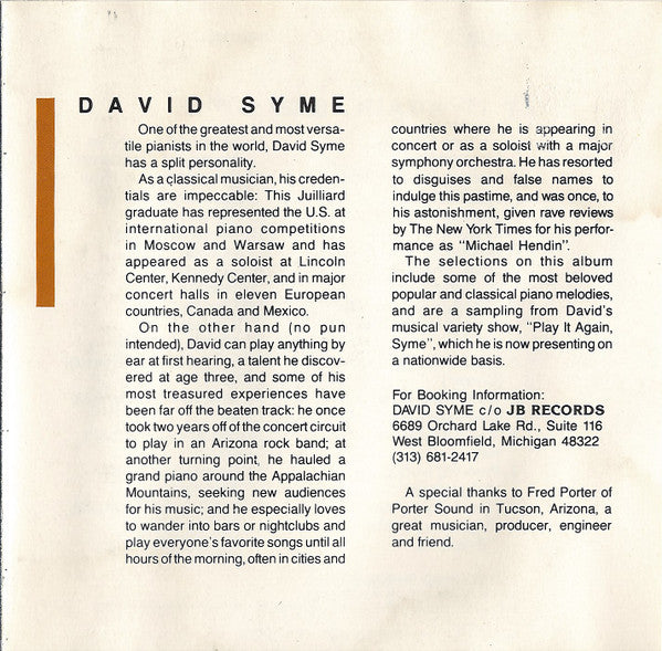 David Syme : Play It Again, Syme (CD, Album)