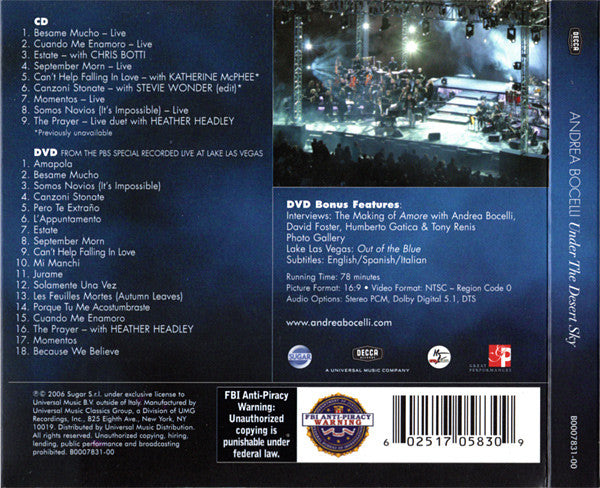 Andrea Bocelli : Under The Desert Sky (CD, Album + DVD-V, Multichannel, NTSC)