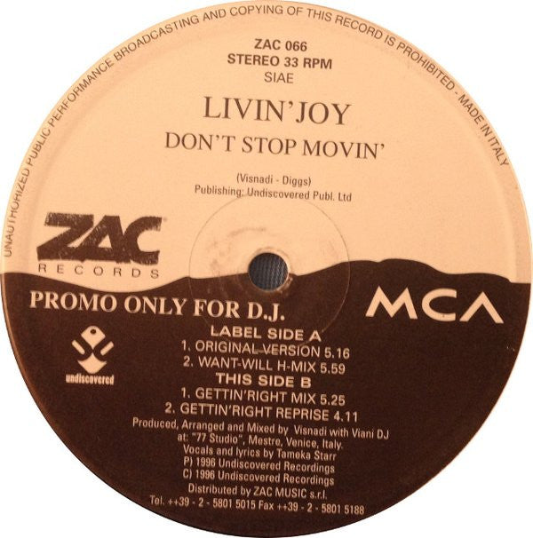 Livin' Joy : Don't Stop Movin' (12", Promo)