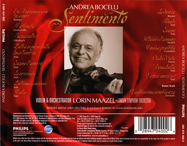 Andrea Bocelli, Lorin Maazel, London Symphony Orchestra : Sentimento (CD, Album, Enh, Ltd)
