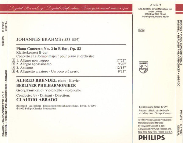 Johannes Brahms - Alfred Brendel, Berliner Philharmoniker, Claudio Abbado : Piano Concerto No. 2 (CD, Club)