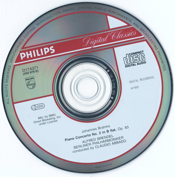 Johannes Brahms - Alfred Brendel, Berliner Philharmoniker, Claudio Abbado : Piano Concerto No. 2 (CD, Club)