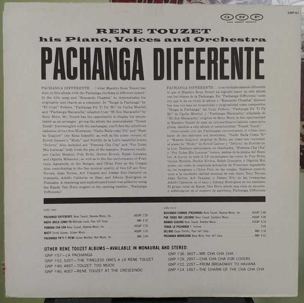 Rene Touzet And His Piano, Voices and Orchestra* : Pachanga Differente! (LP, Album, Mono)