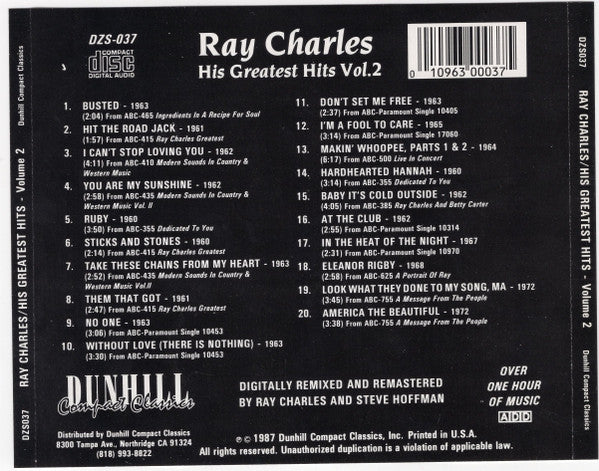 Ray Charles : His Greatest Hits Vol. 2 (CD, Comp, RM)