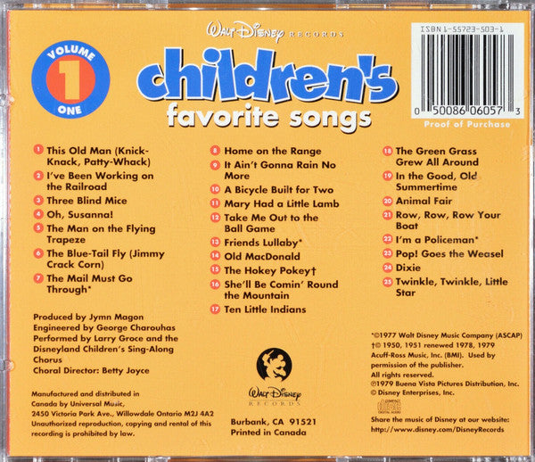 Larry Groce And  The Disneyland Children's Sing-Along Chorus : Children's Favourite Songs Volume One (CD, Album, RE)