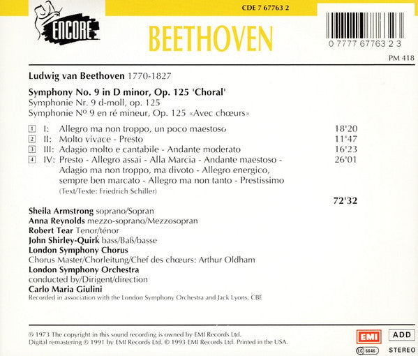 Beethoven* - Armstrong*, Reynolds*, Tear*, Shirley-Quirk*, London Symphony Chorus & Orchestra*, Carlo Maria Giulini : Symphony No 9 'Choral' (CD, Album, RE, RM)