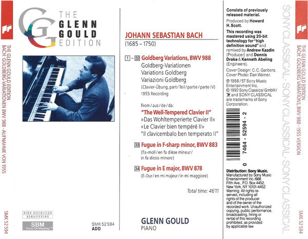 J. S. Bach*, Glenn Gould : Goldberg Variations BWV 988 (The Historic 1955 Debut Recording) (CD, Album, Mono, RE, RM)