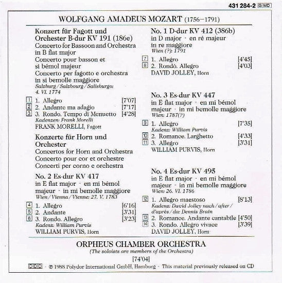 W. A. Mozart* - David Jolley / William Purvis / Frank Morelli / Orpheus Chamber Orchestra : 4 Hornkonzerte / Fagottkonzert (CD, RE)
