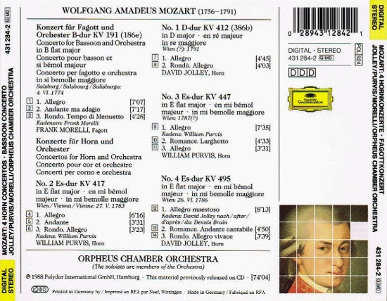 W. A. Mozart* - David Jolley / William Purvis / Frank Morelli / Orpheus Chamber Orchestra : 4 Hornkonzerte / Fagottkonzert (CD, RE)