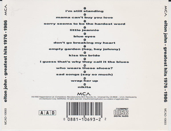Elton John : Greatest Hits 1976-1986 (CD, Comp)