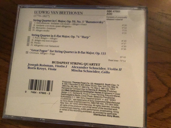 Beethoven* - Budapest String Quartet : String Quartets • Op. 59 No. 3 "Razumovsky" • Op. 74 "Harp" • Great Fugue In B Flat Major (CD, Comp, RM)
