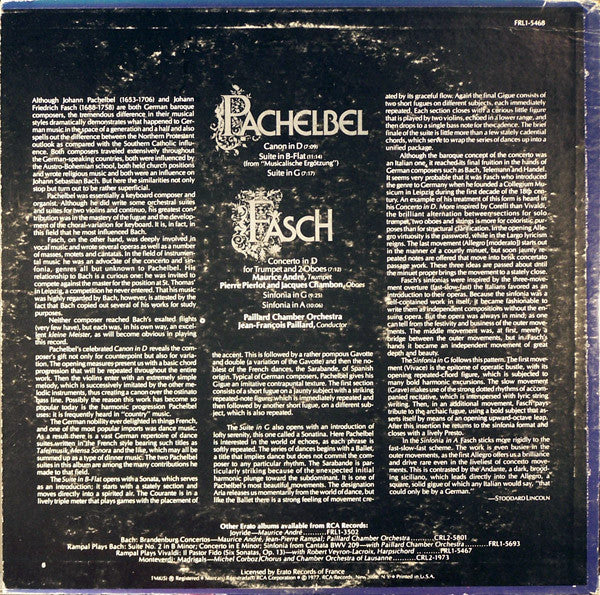 Johann Pachelbel, Johann Friedrich Fasch, Maurice André, Orchestre De Chambre Jean-François Paillard : The Pachelbel Canon And Two Suites For Strings / Two Sinfonias And Concerto For Trumpet (LP, Album)