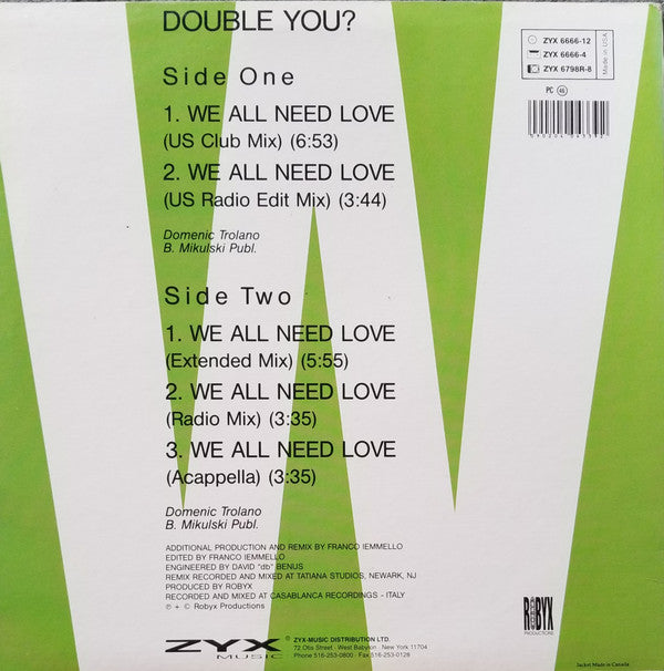 Double You : We All Need Love (Remix) (12", Maxi)