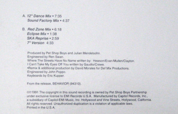 Pet Shop Boys : Where The Streets Have No Name (I Can't Take My Eyes Off You) (12", Single)