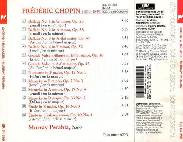 Chopin* - Murray Perahia : 4 Ballades (CD, Club)