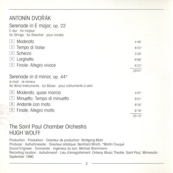 Antonín Dvořák, The Saint Paul Chamber Orchestra, Hugh Wolff : Serenades For Strings & For Wind Instruments (CD, Album, Club)