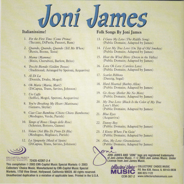 Joni James : Italianissime! / Folk Songs By Joni James (CD, Comp)