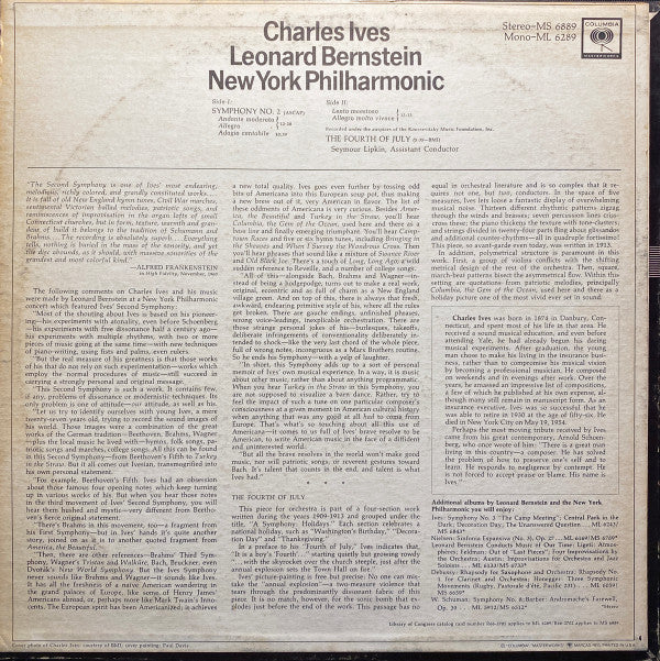 Charles Ives, Leonard Bernstein, New York Philharmonic : Symphony No. 2 And The Fourth Of July (LP, Album, RE, Ter)