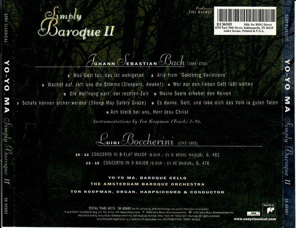 Yo-Yo Ma, Ton Koopman, The Amsterdam Baroque Orchestra : Simply Baroque II (CD, Album, Club, RE)