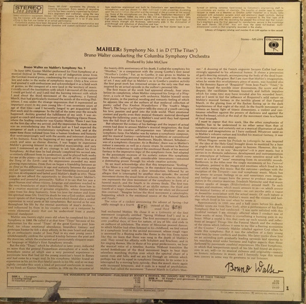 Mahler*, Bruno Walter Conducts Columbia Symphony Orchestra : Symphony No. 1 In D "The Titan" (LP)