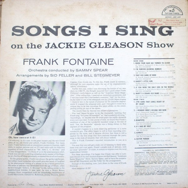 Frank Fontaine : Songs I Sing On The Jackie Gleason Show (LP, Album, Mono)