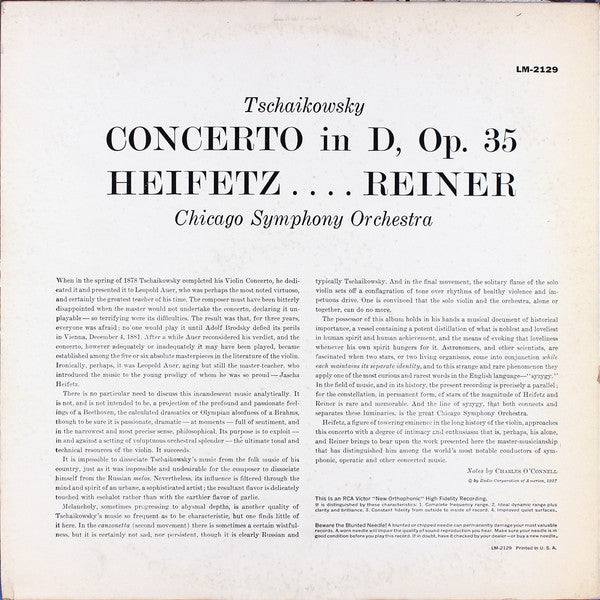 Tschaikowsky*, Heifetz*, Chicago Symphony*, Reiner* : Concerto In D, Op. 35 (LP, Album, Mono)
