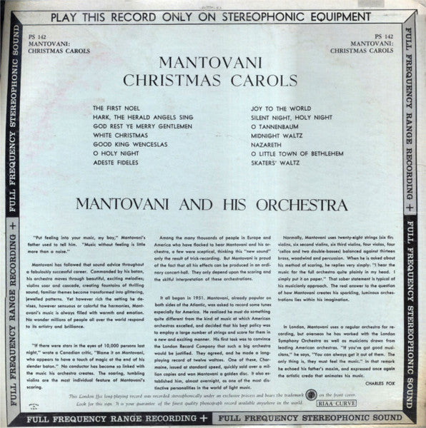 Mantovani And His Orchestra : Christmas Carols (LP, Album, RE)