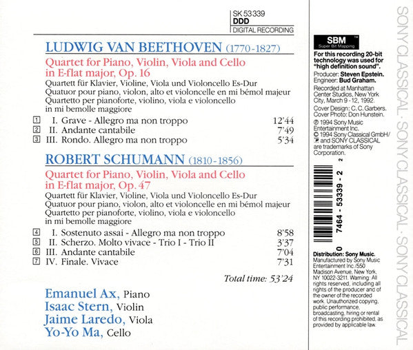 Beethoven*, Schumann*, Jaime Laredo, Isaac Stern, Yo-Yo Ma, Emanuel Ax : Piano Quartets (CD, Album)