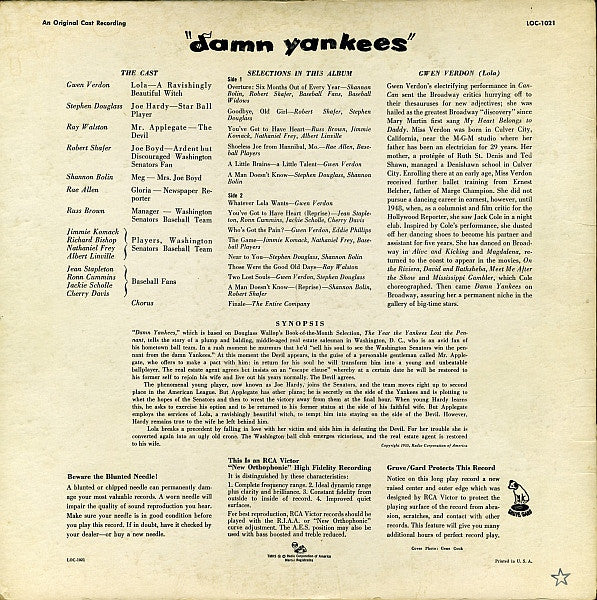 Gwen Verdon, Stephen Douglass, Ray Walston : Damn Yankees (An Original Cast Recording) (LP, Album, Mono)