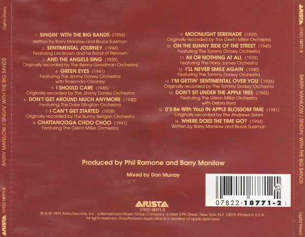 Barry Manilow : Singin' With The Big Bands (CD, Album)