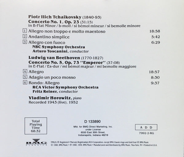 Horowitz*, Tchaikovsky*, Beethoven* : Horowitz Plays Piano Concerto No. 1 / Piano Concerto No. 5 "Emperor" (CD, Comp, Club, RM)