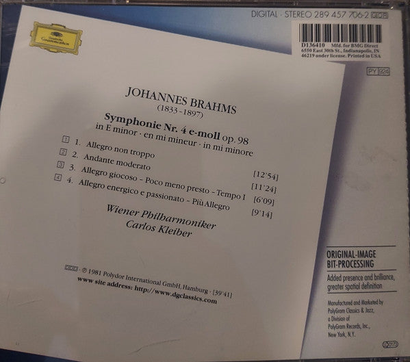 Johannes Brahms, Wiener Philharmoniker, Carlos Kleiber : Symphonie No. 4 (CD, Album, Club, RE, RM)
