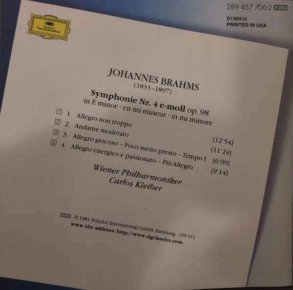 Johannes Brahms, Wiener Philharmoniker, Carlos Kleiber : Symphonie No. 4 (CD, Album, Club, RE, RM)