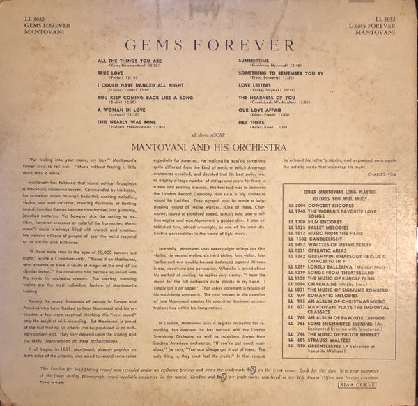 Mantovani And His Orchestra : Gems Forever (LP, Album, Mono, Roc)