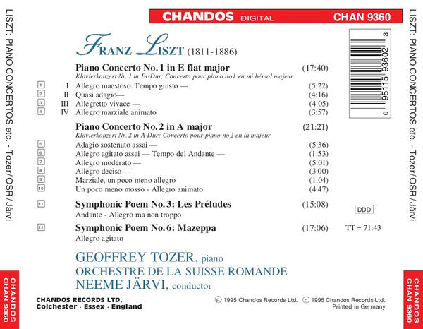 Franz Liszt, Geoffrey Tozer (2), Orchestre De La Suisse Romande*, Neeme Järvi : Piano Concertos 1 & 2 / Les Preludes / Mazeppa (CD)