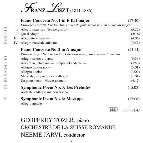 Franz Liszt, Geoffrey Tozer (2), Orchestre De La Suisse Romande*, Neeme Järvi : Piano Concertos 1 & 2 / Les Preludes / Mazeppa (CD)