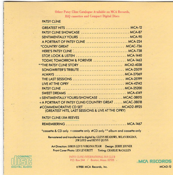 Patsy Cline : 12 Greatest Hits (CD, Comp, Club, RE, RM, BMG)
