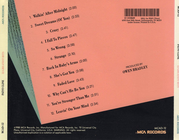 Patsy Cline : 12 Greatest Hits (CD, Comp, Club, RE, RM, BMG)